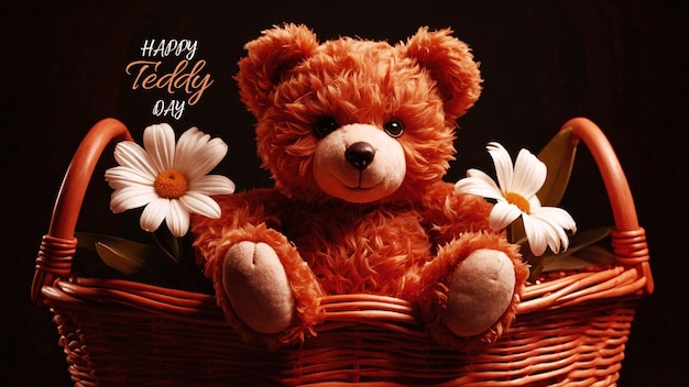 PSD a teddy bear is sitting in a basket with daisies and daisies