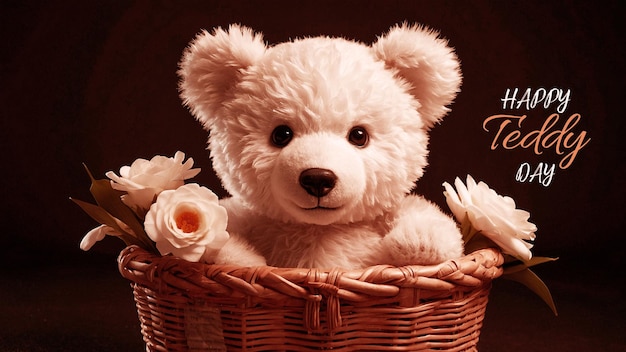 PSD a teddy bear is sitting in a basket with a flower in it