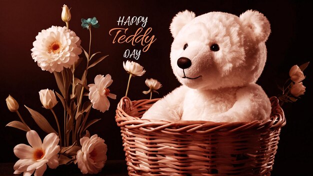 a teddy bear is sitting in a basket with flowers and a card that says happy day