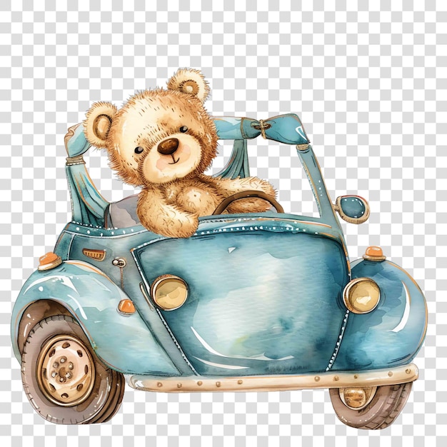 teddy bear in luxury car watercolor nurseryon transparent background