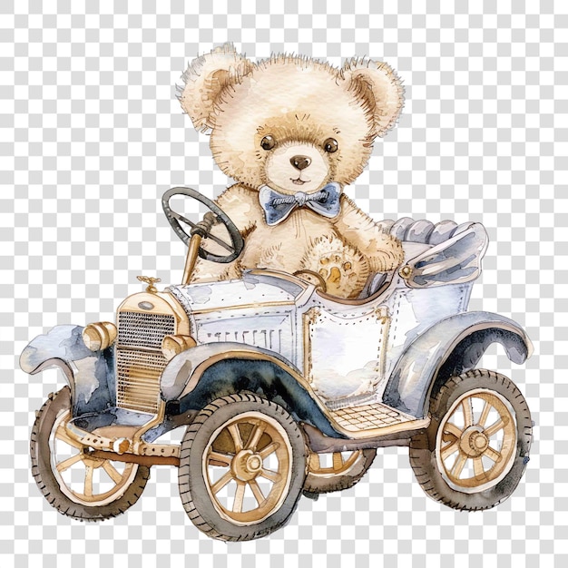 teddy bear in luxury car watercolor nurseryon transparent background