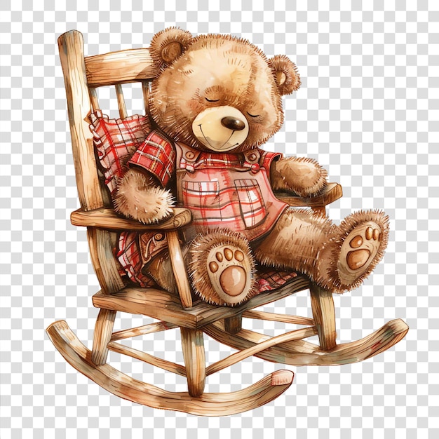 teddy bear in rocking chair cozy watercolor nurseryon transparent background