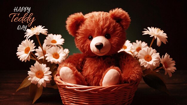 PSD a teddy bear sits in a basket with daisies in it