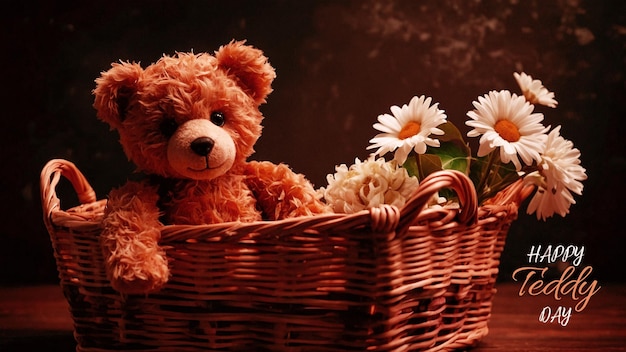 a teddy bear sits in a basket with daisies in it