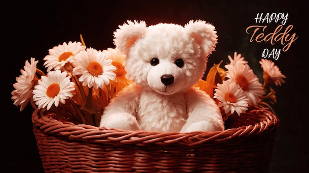 a teddy bear sits in a basket with flowers in it