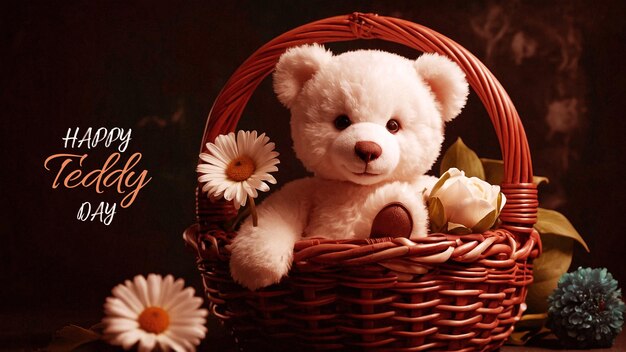 a teddy bear sits in a basket with flowers and a teddy bear