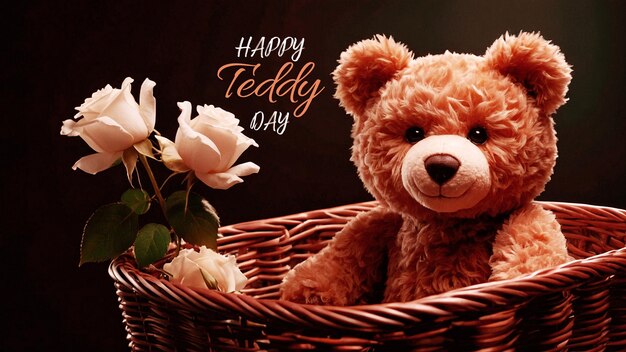 a teddy bear sits in a basket with a teddy bear in the background