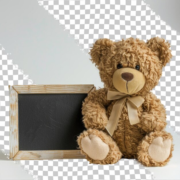 PSD a teddy bear sits in front of a frame with a bow on it