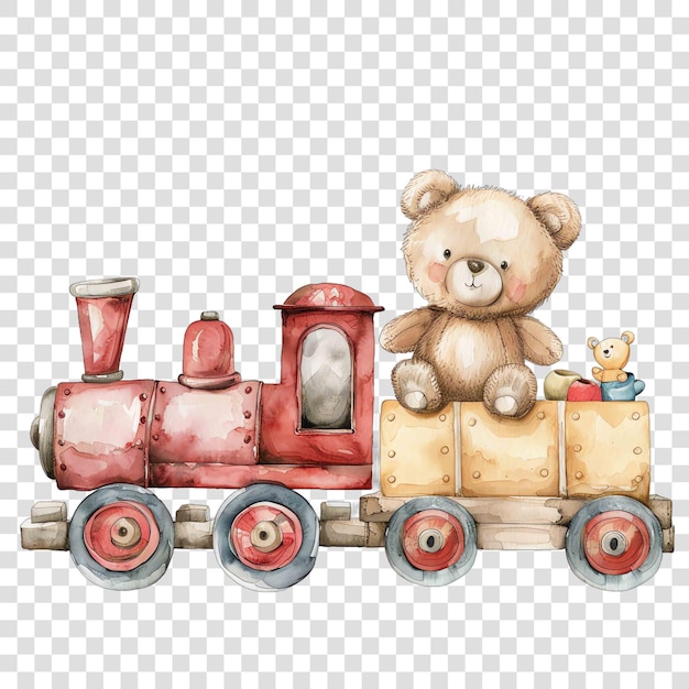 teddy bear on a toy train next to other toys watercolor nurseryon transparent background