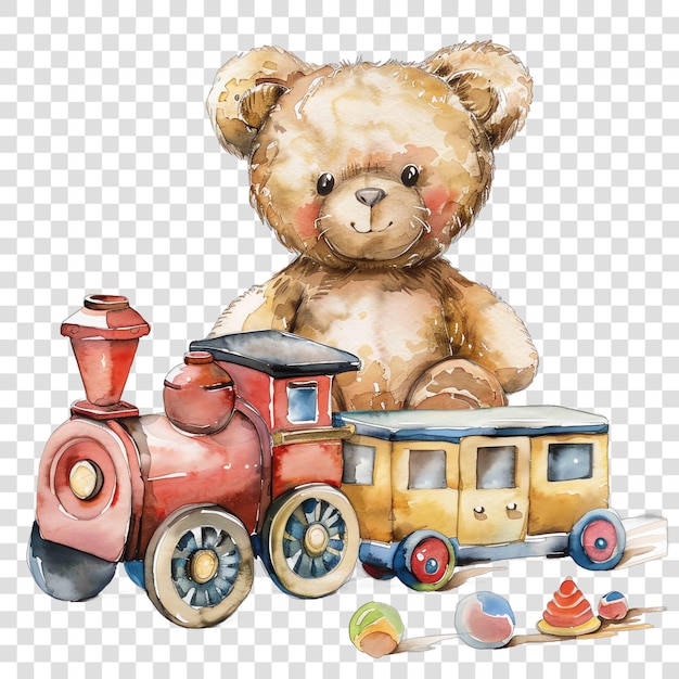 teddy bear on a toy train next to other toys watercolor nurseryon transparent background