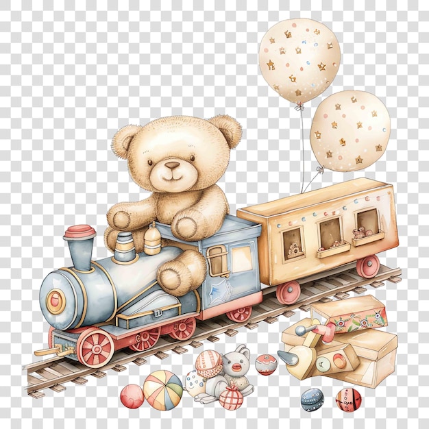 teddy bear on a toy train next to other toys watercolor nurseryon transparent background