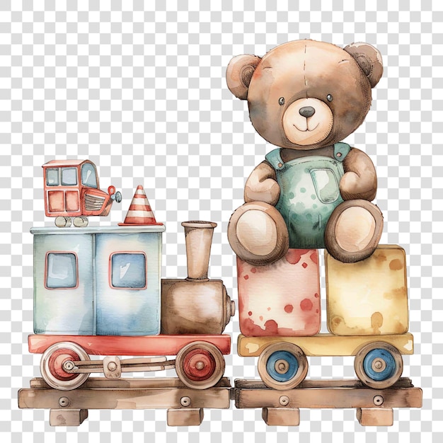 teddy bear on a toy train next to other toys watercolor nurseryon transparent background