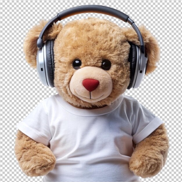 a teddy bear wear shirt and headphones on transperent background