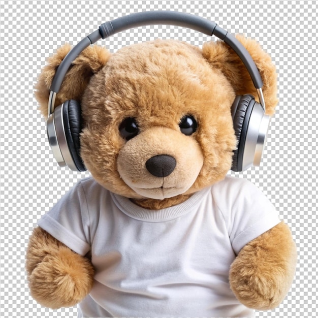 a teddy bear wear shirt and headphones on transperent background