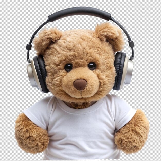 a teddy bear wear shirt and headphones on transperent background