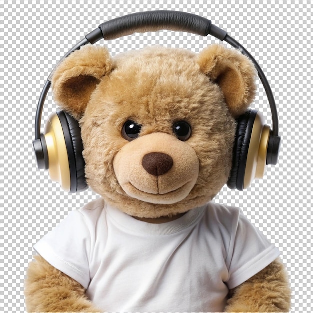 a teddy bear wear shirt and headphones on transperent background