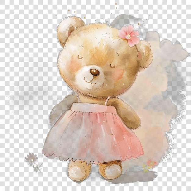 PSD teddy bear wearing cute pink dress illustrataion cute nuresery watercolor