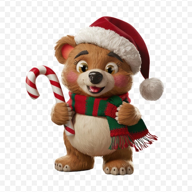 PSD a teddy bear wearing a red and green scarf with a candy cane in it