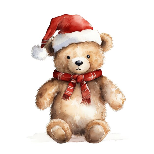 Teddy Bear Wearing Santa Costume For Christmas Event Watercolor Style AI Generated