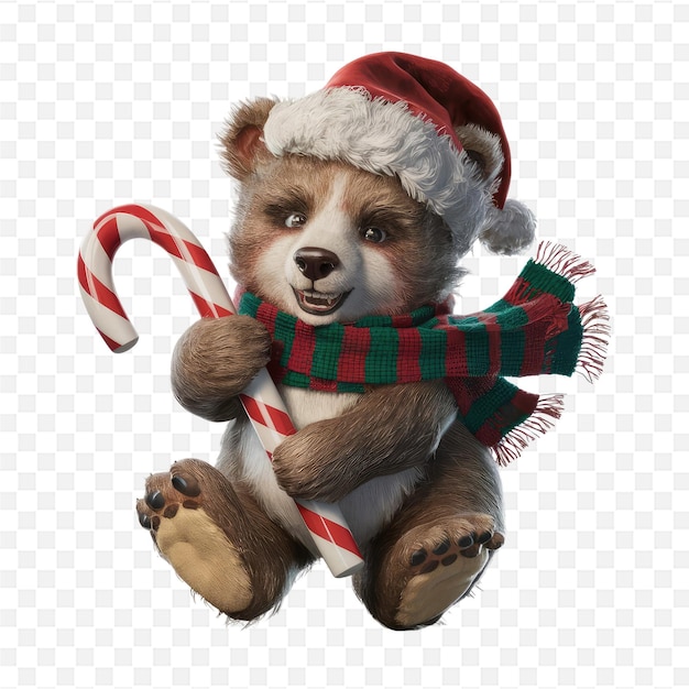 a teddy bear wearing a santa hat and a santa hat with a red and green striped scarf