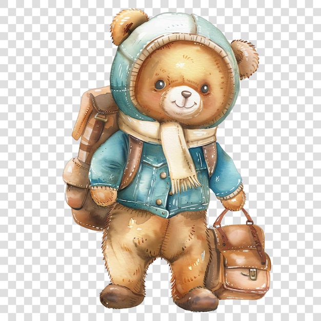 Teddy Bear with Backpack watercolor nurseryon transparent background