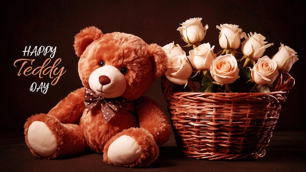 a teddy bear with a bow tie sits next to a basket of roses