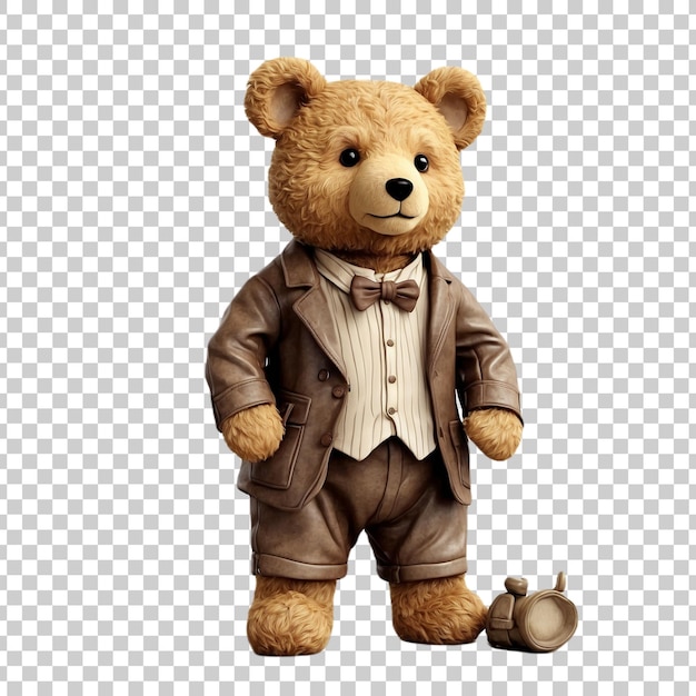 a teddy bear with a bow tie sits on a transparent background