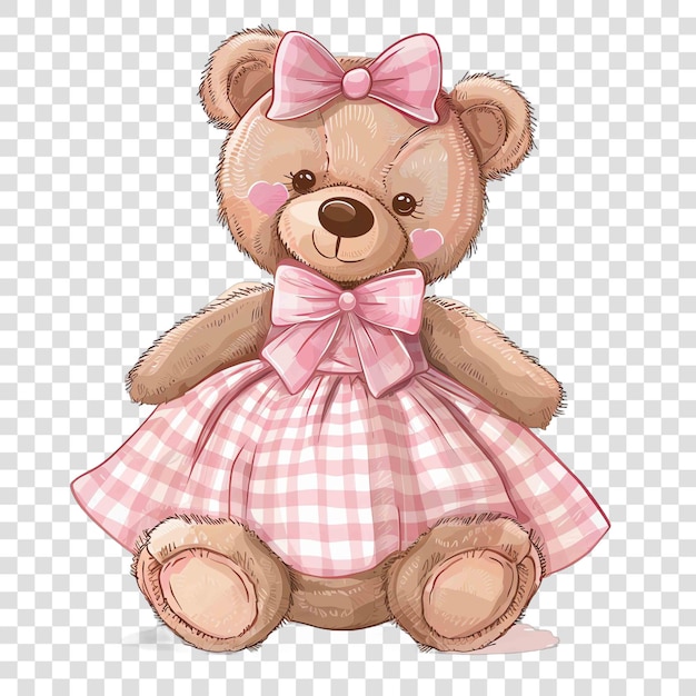 teddy bear with dress and bow illustrstionon transparent background