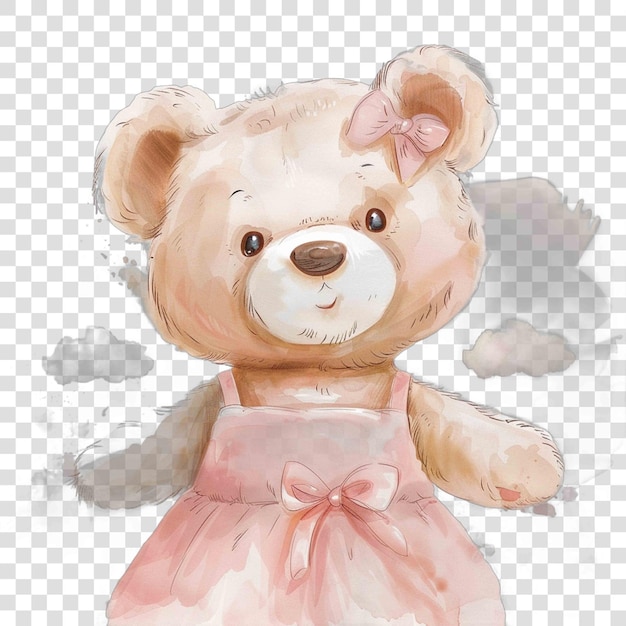 PSD teddy bear with pink color dress illustrataion cute nuresery watercolor