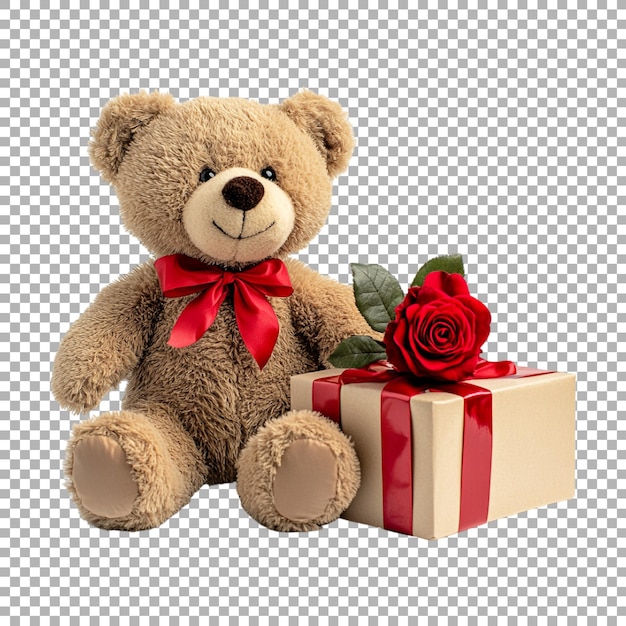 PSD teddy bear with red rose and gift box on transparent background ai generated