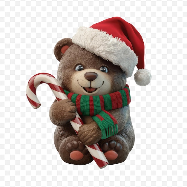 PSD a teddy bear with a santa hat and a candy cane