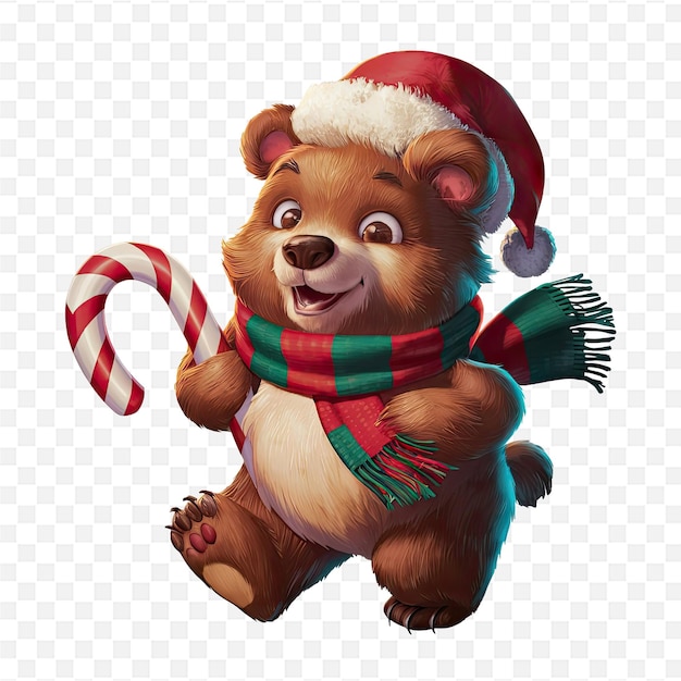 PSD a teddy bear with a santa hat and a candy cane