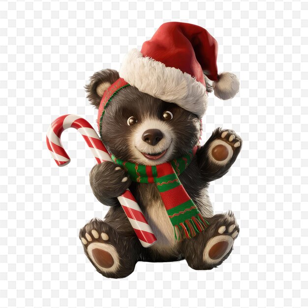 a teddy bear with a santa hat and a candy cane