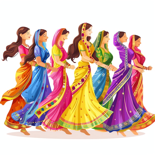 PSD teej procession with women dancing and singing indian illustration realistic