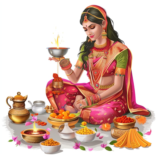 Teej puja rituals with idols of Goddess Parvati indian illustration realistic