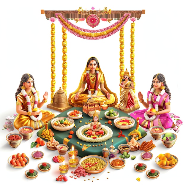 PSD teej puja rituals with idols of goddess parvati indian illustration realistic