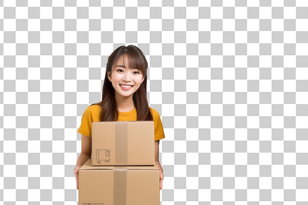 Teen pretty Japanese girl among boxes on isolated chroma key background