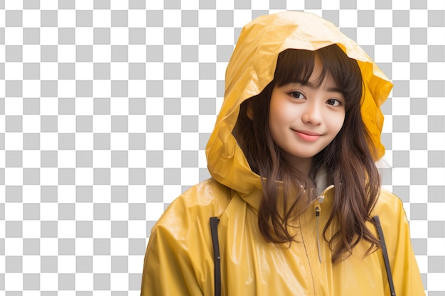 PSD teen pretty japanese girl wearing a rainproof coat on isolated chroma key background