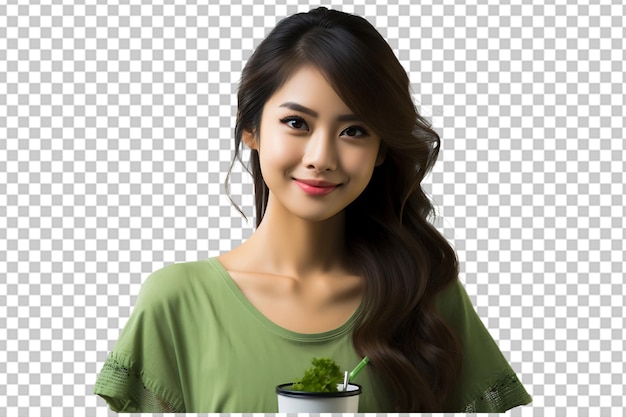 PSD teen pretty japanese girl with matcha green tea isolated on transparent background