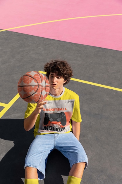 Teenage boy with basketball outside on the court