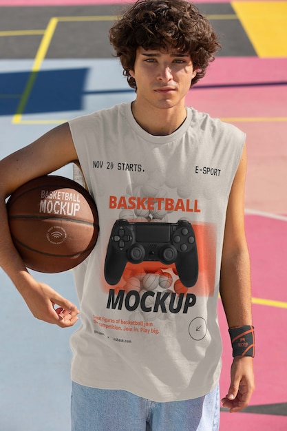 Teenage boy with basketball outside on the court