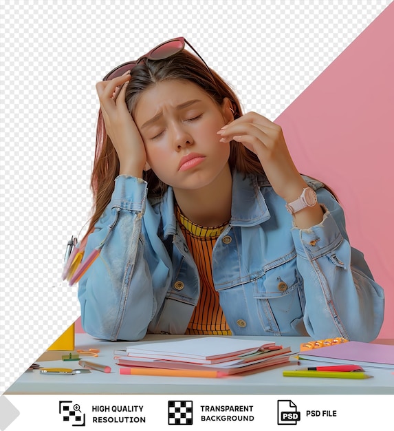 PSD teenage girl feeling overwhelmed with studies sitting at desk with books pens and pencil isolated against a pink background