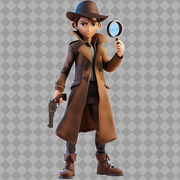 PSD teenage prince noir detective with slender form trench coat isolated 3d character illustration