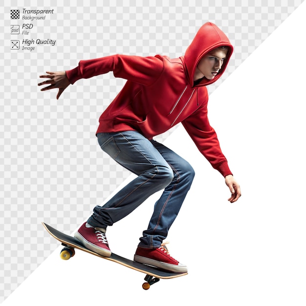 PSD teenager in red hoodie skateboarding on a transparent background