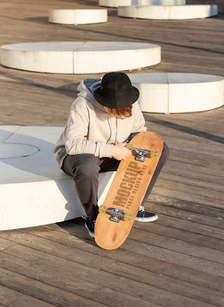 Teenager with mock-up skateboard outdoors