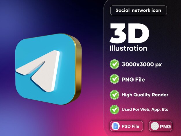 Telegram icon 3d gold realistic high quality render