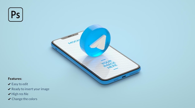 Telegram icon button with a smartphone mockup in 3D rendering