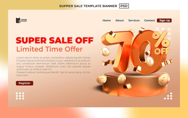 Template banner super sale discount 70 percentage with discount element coin currency, gold style