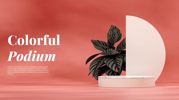 Template mockup of white marble podium in landscape with praying plant and pink wall, 3D rendering