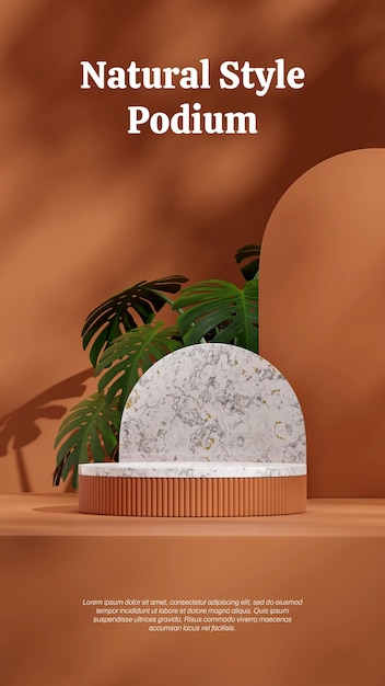 template mockup white marble podium in portrait monstera plant and rust brown wall 3D rendering